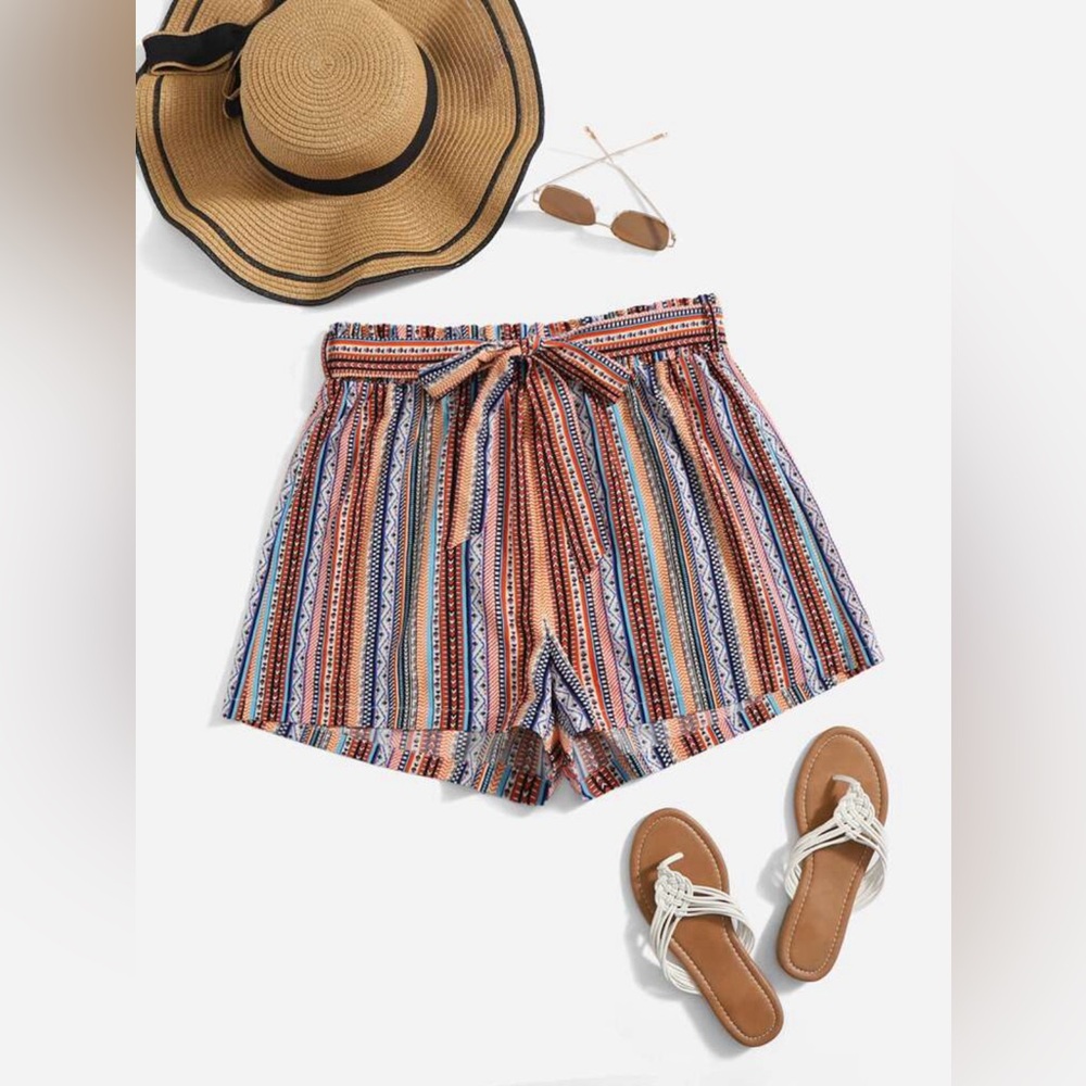 EUC 4X Shein Curve Belted Stripped Multicolored Shorts
